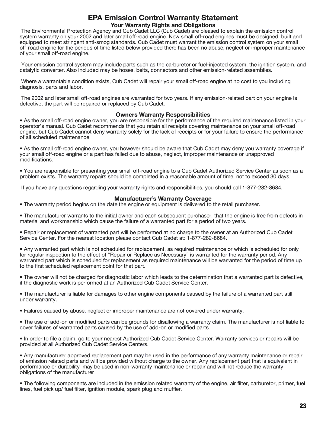 Cub Cadet CS5720 manual EPA Emission Control Warranty Statement, Your Warranty Rights and Obligations 