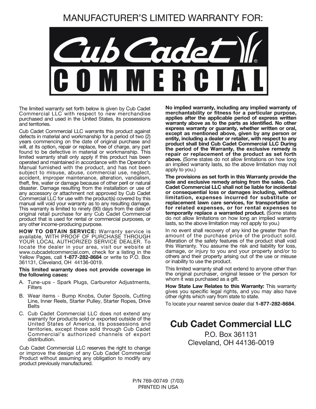 Cub Cadet CS5720 manual MANUFACTURER’S Limited Warranty for, Cub Cadet Commercial LLC 