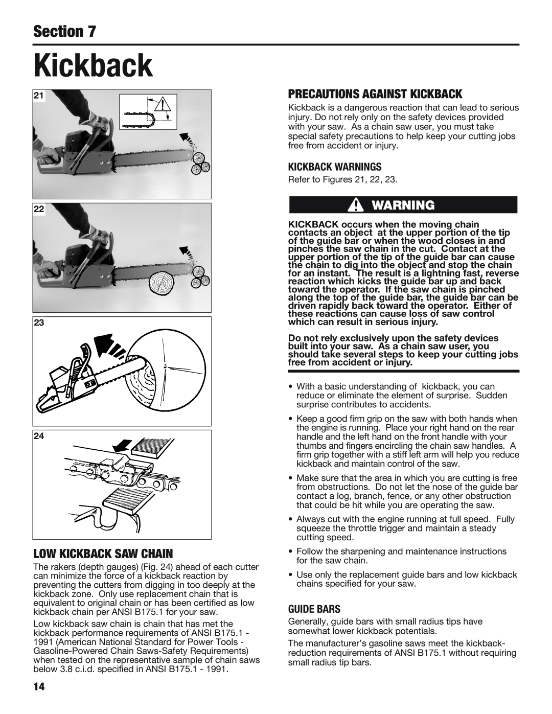 Cub Cadet CS5720 manual Low Kickback Saw Chain, Precautions Against Kickback, Kickback Warnings, Guide Bars, Section 