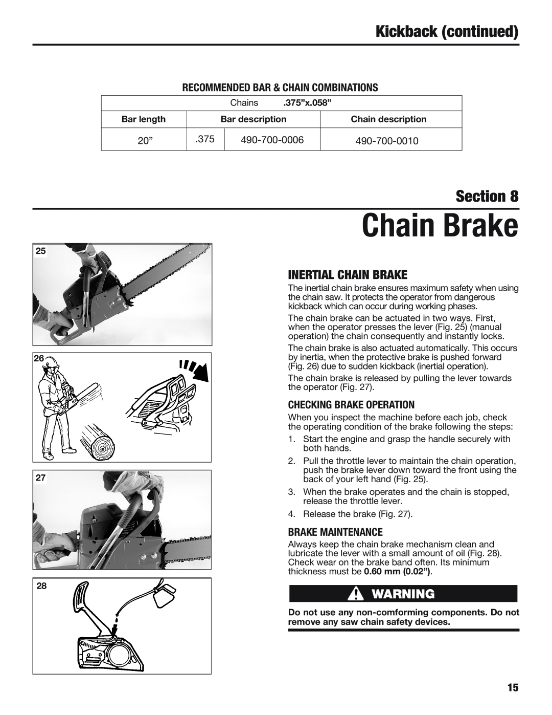 Cub Cadet CS5720 Kickback continued, Inertial Chain Brake, Recommended Bar & Chain Combinations, Brake Maintenance 
