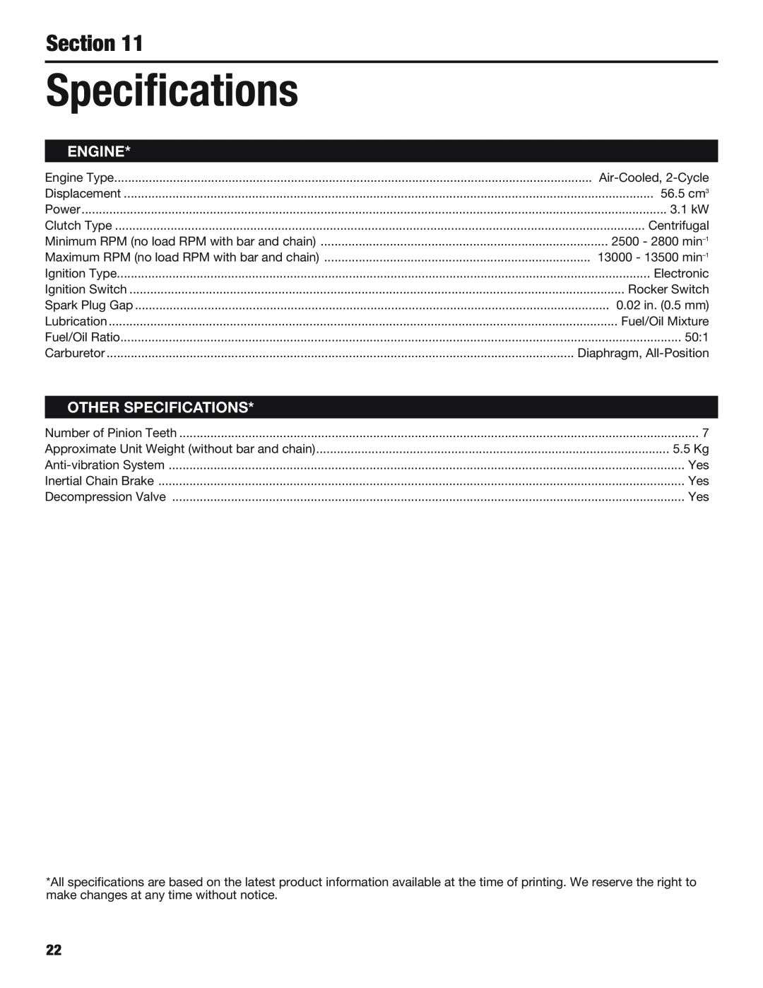 Cub Cadet CS5720 manual Section, Engine, Other Specifications 