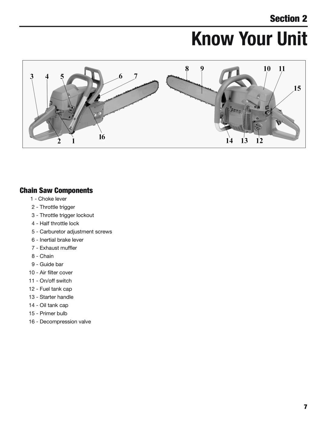 Cub Cadet CS5720 manual Know Your Unit, Chain Saw Components, Section 