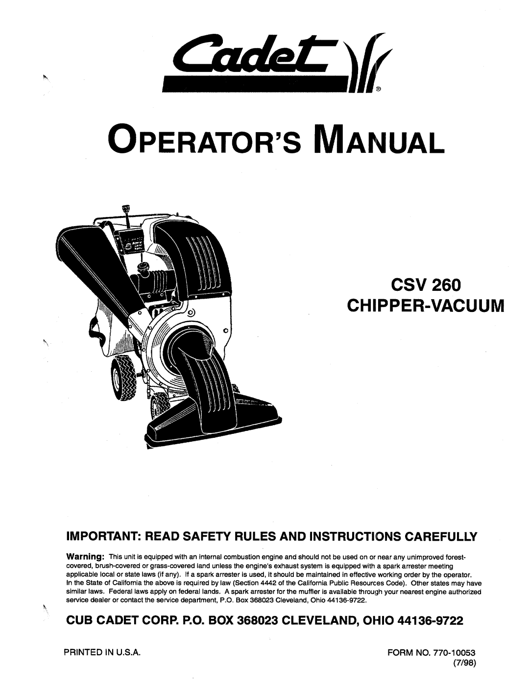 Cub Cadet CSV 260 manual 