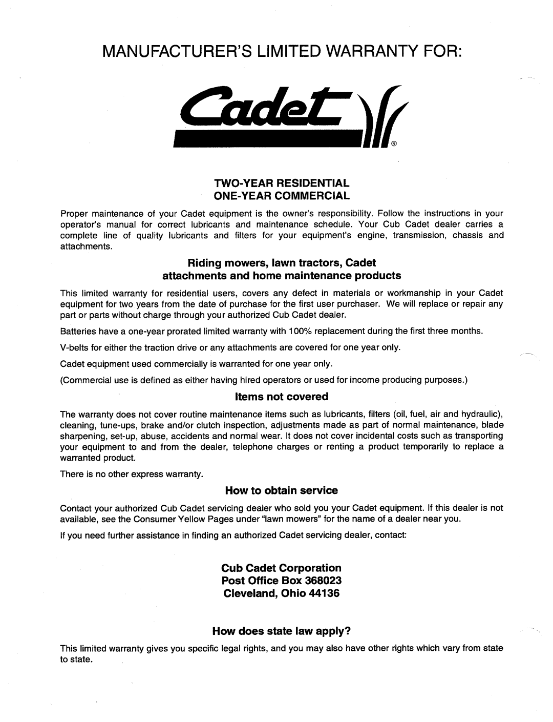 Cub Cadet CSV 260 manual 