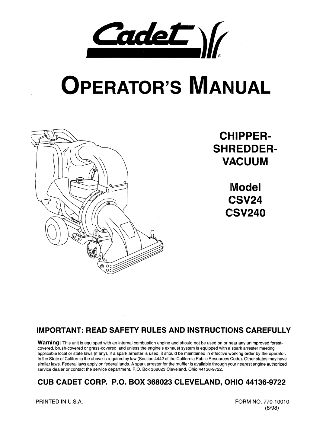 Cub Cadet CSV240 manual 
