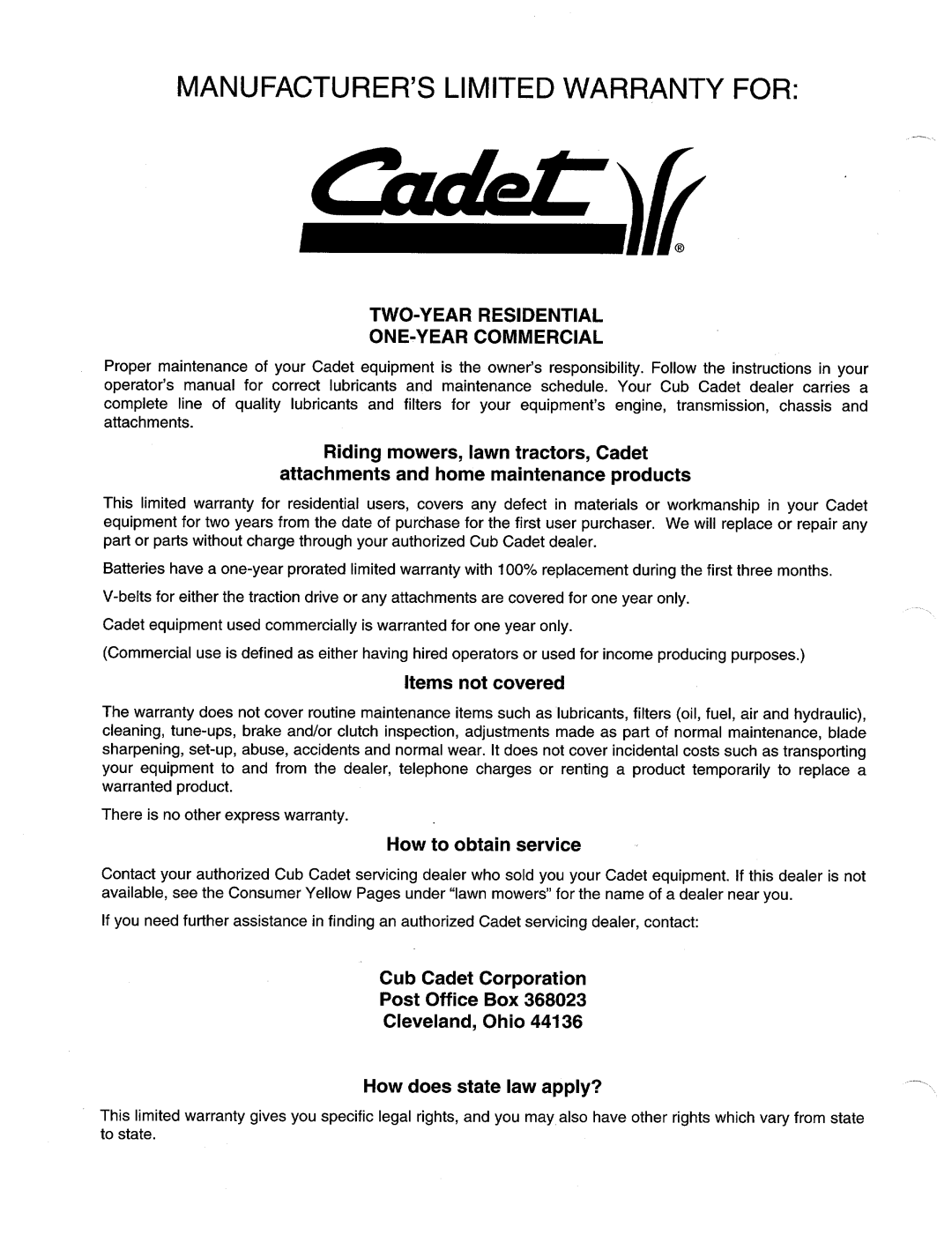 Cub Cadet CSV240 manual 