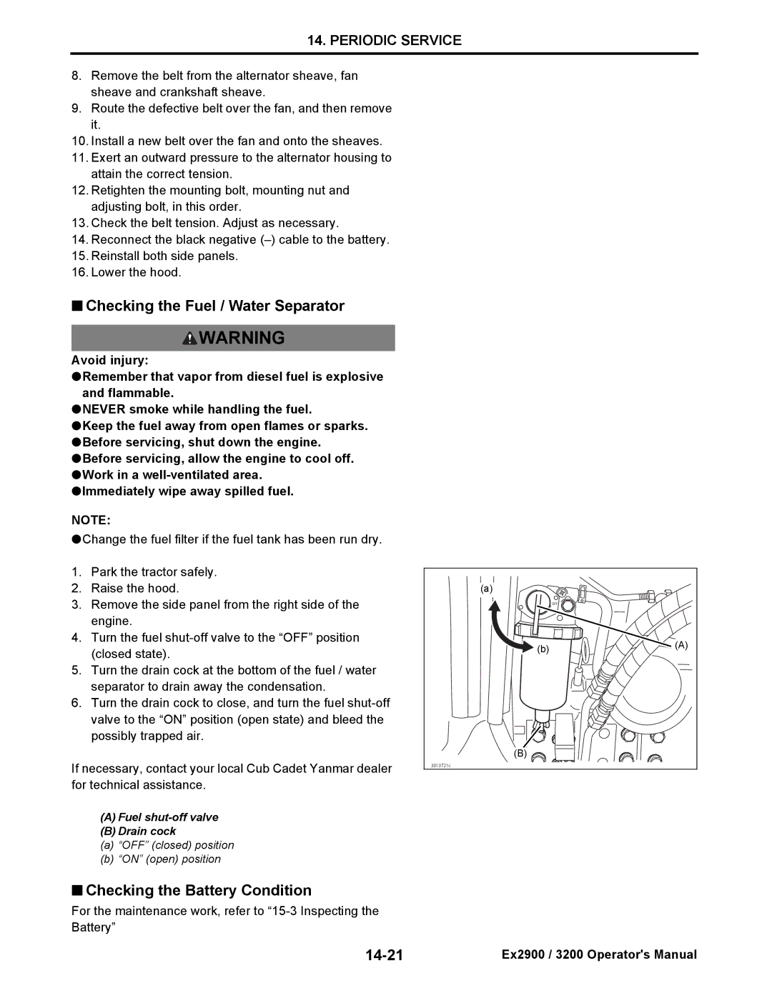 Cub Cadet EX2900, EX3200 manual Checking the Fuel / Water Separator, Checking the Battery Condition, 14-21 