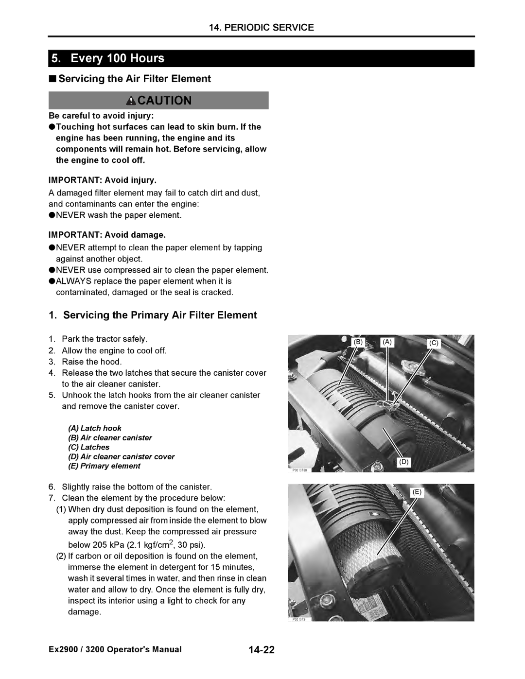 Cub Cadet EX3200 manual Every 100 Hours, Servicing the Air Filter Element, Servicing the Primary Air Filter Element, 14-22 