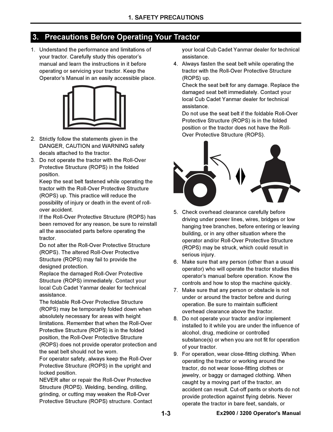 Cub Cadet EX2900, EX3200 manual Precautions Before Operating Your Tractor 