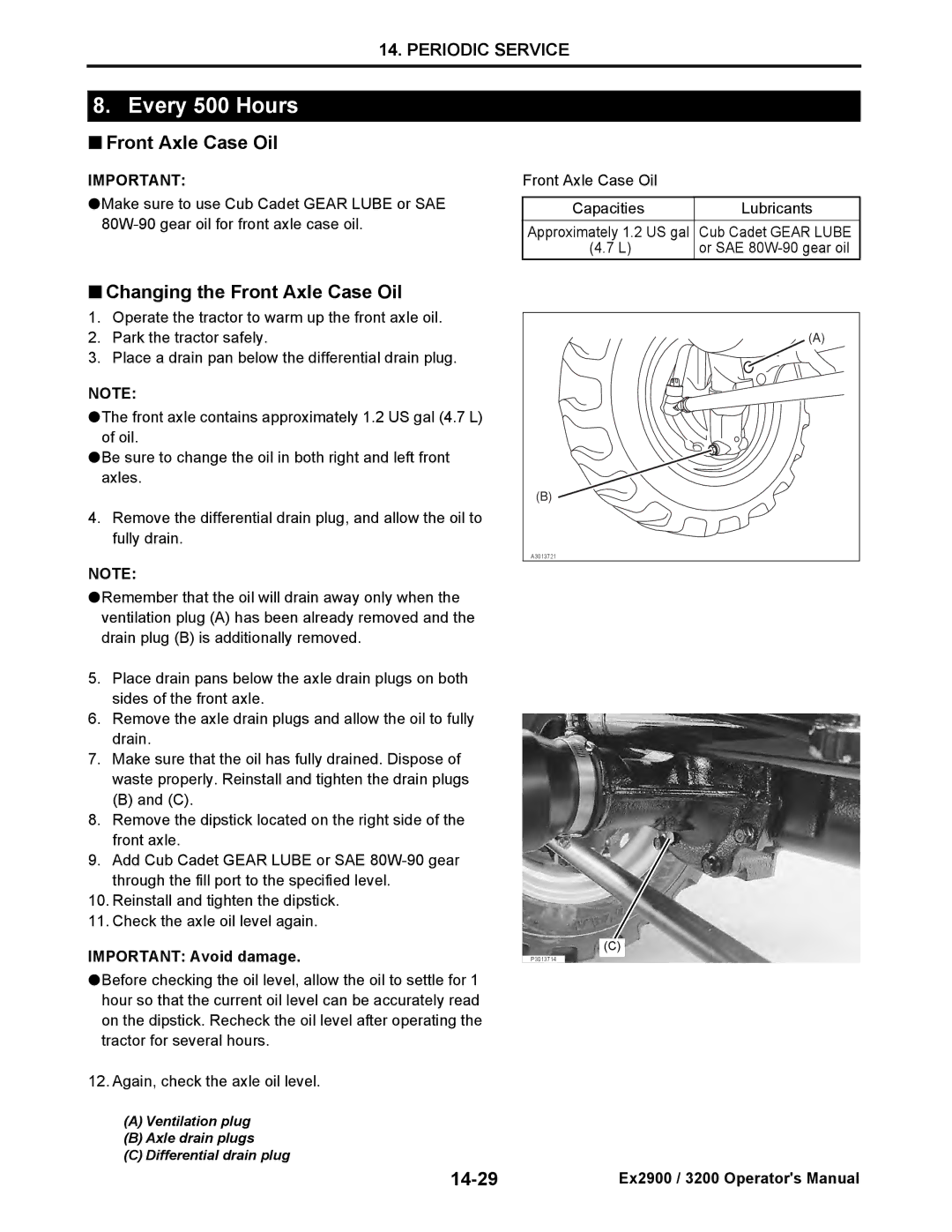 Cub Cadet EX2900, EX3200 manual Every 500 Hours, Changing the Front Axle Case Oil, 14-29 