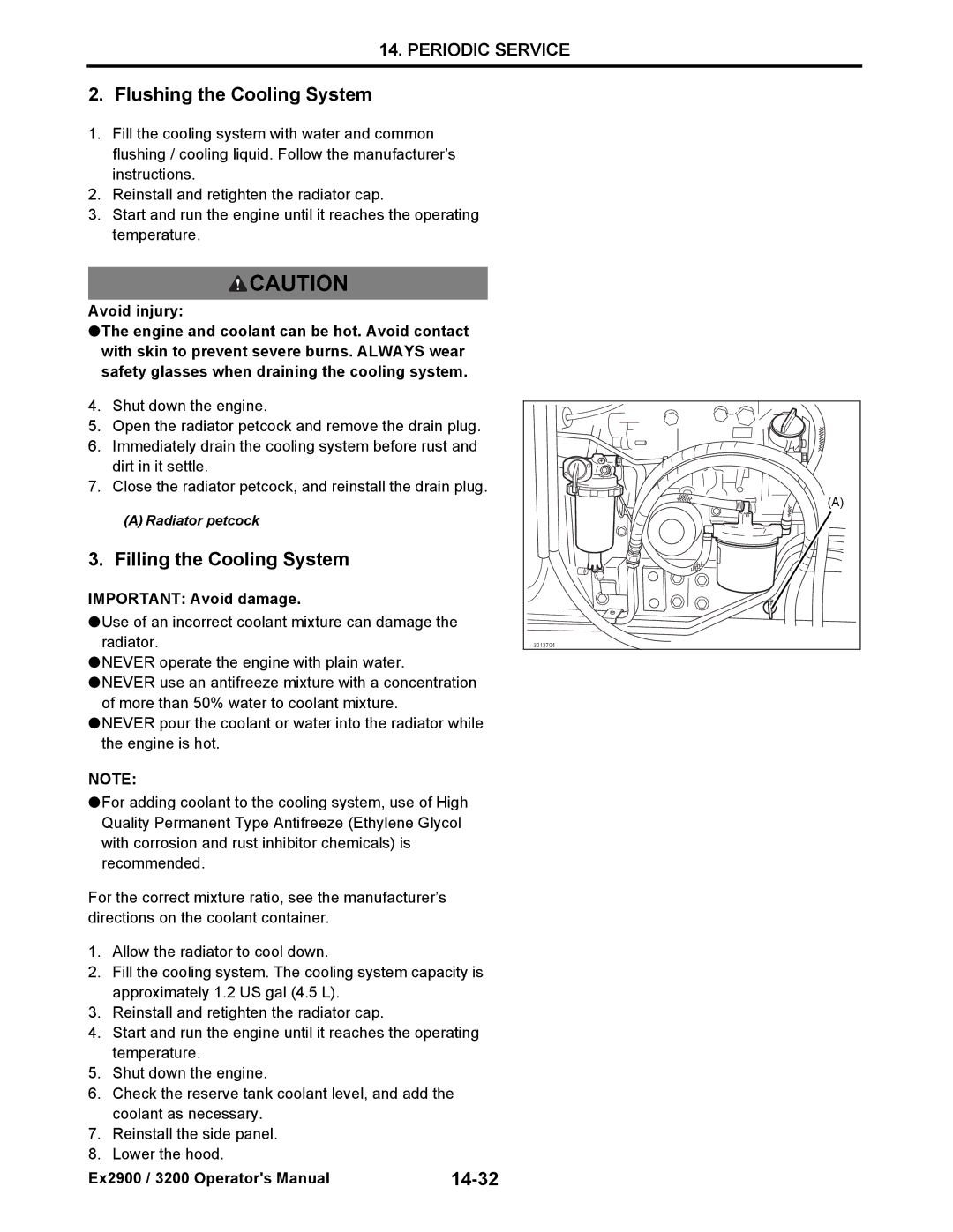 Cub Cadet EX3200, EX2900 manual Flushing the Cooling System, Filling the Cooling System, 14-32 