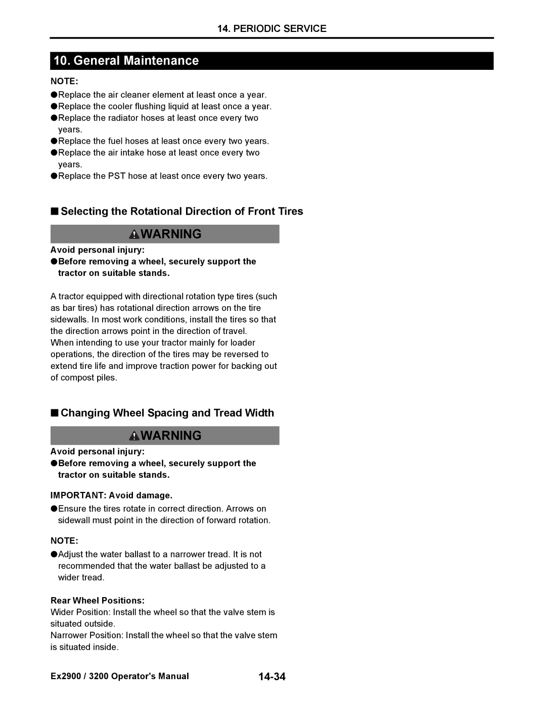 Cub Cadet EX3200 manual General Maintenance, Selecting the Rotational Direction of Front Tires, 14-34, Rear Wheel Positions 