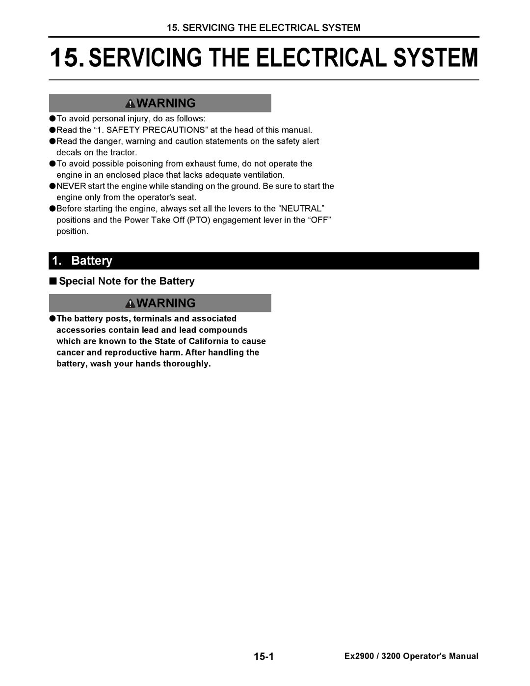 Cub Cadet EX2900, EX3200 manual Special Note for the Battery, 15-1 