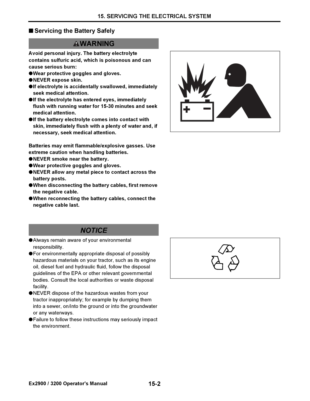 Cub Cadet EX3200, EX2900 manual Servicing the Battery Safely, 15-2 