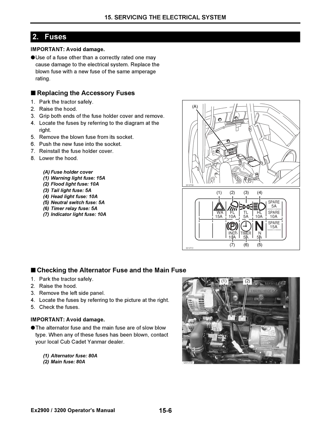 Cub Cadet EX3200, EX2900 manual Replacing the Accessory Fuses, Checking the Alternator Fuse and the Main Fuse, 15-6 