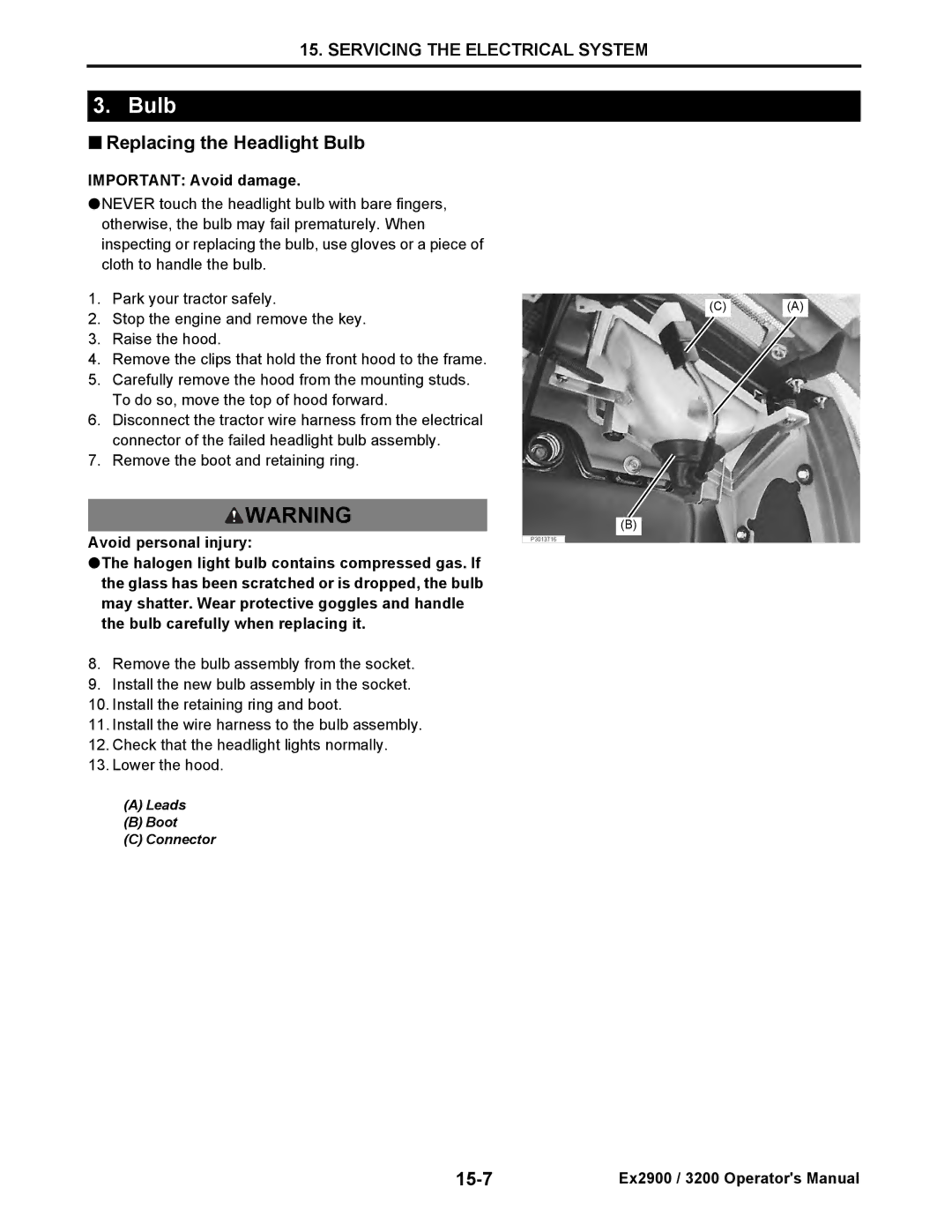 Cub Cadet EX2900, EX3200 manual Replacing the Headlight Bulb, 15-7, Avoid personal injury 