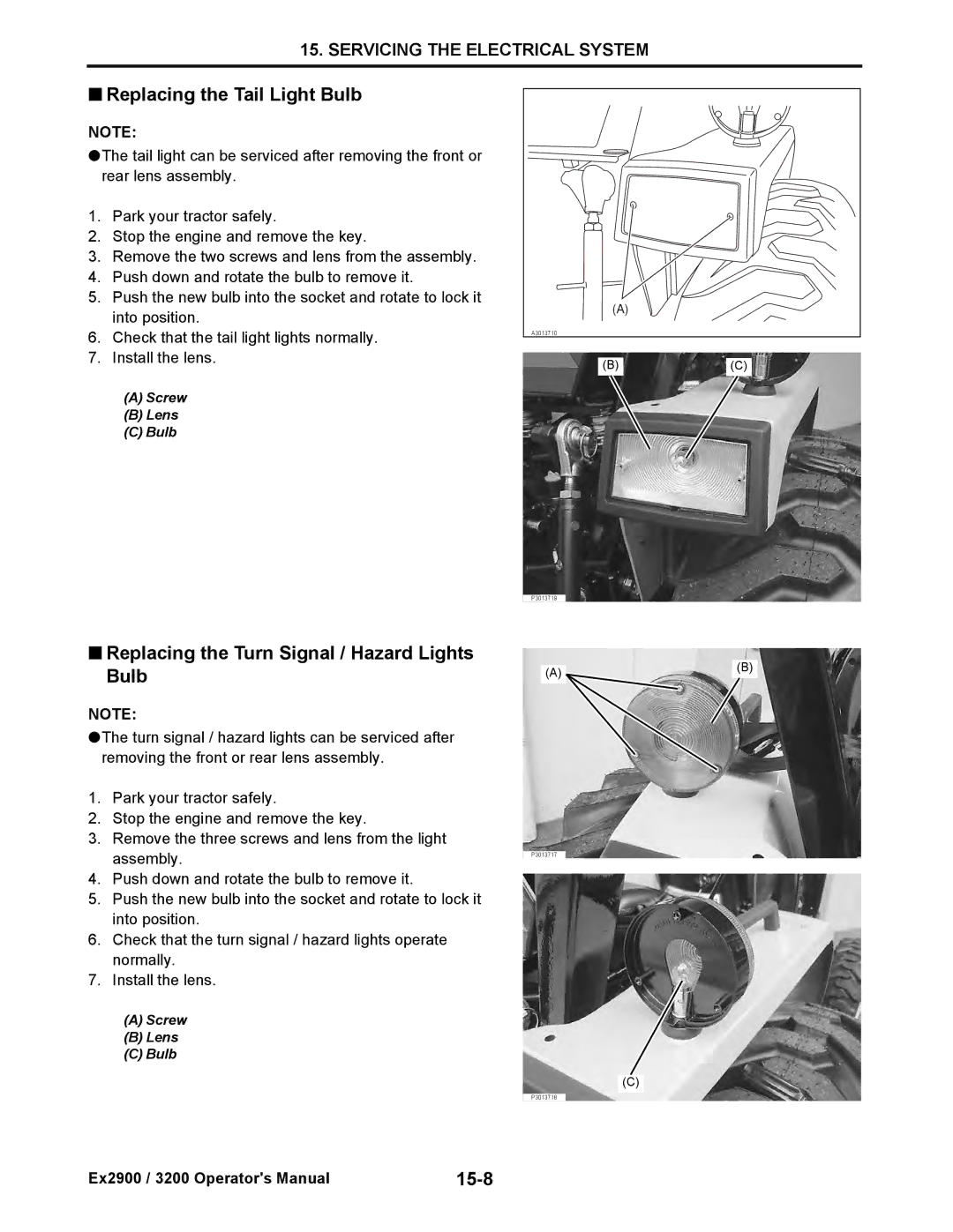 Cub Cadet EX3200, EX2900 manual Replacing the Tail Light Bulb, Replacing the Turn Signal / Hazard Lights Bulb, 15-8 