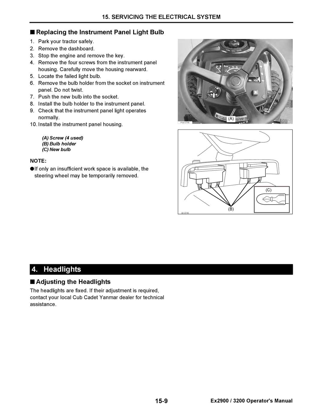 Cub Cadet EX2900, EX3200 manual Replacing the Instrument Panel Light Bulb, Adjusting the Headlights, 15-9 