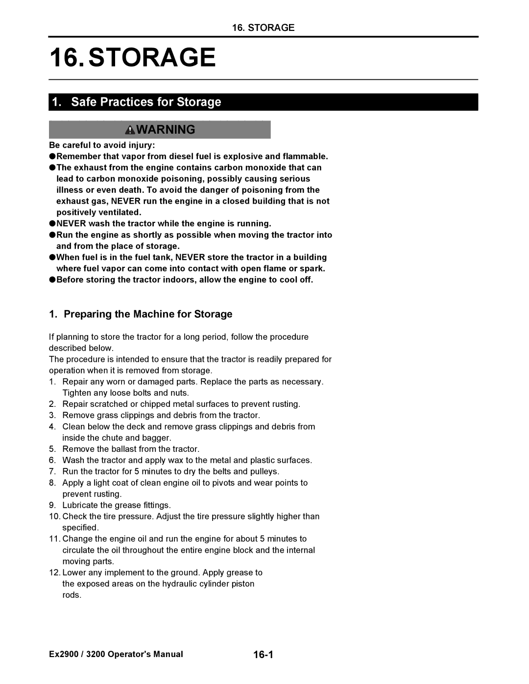 Cub Cadet EX3200, EX2900 manual Safe Practices for Storage, Preparing the Machine for Storage, 16-1 