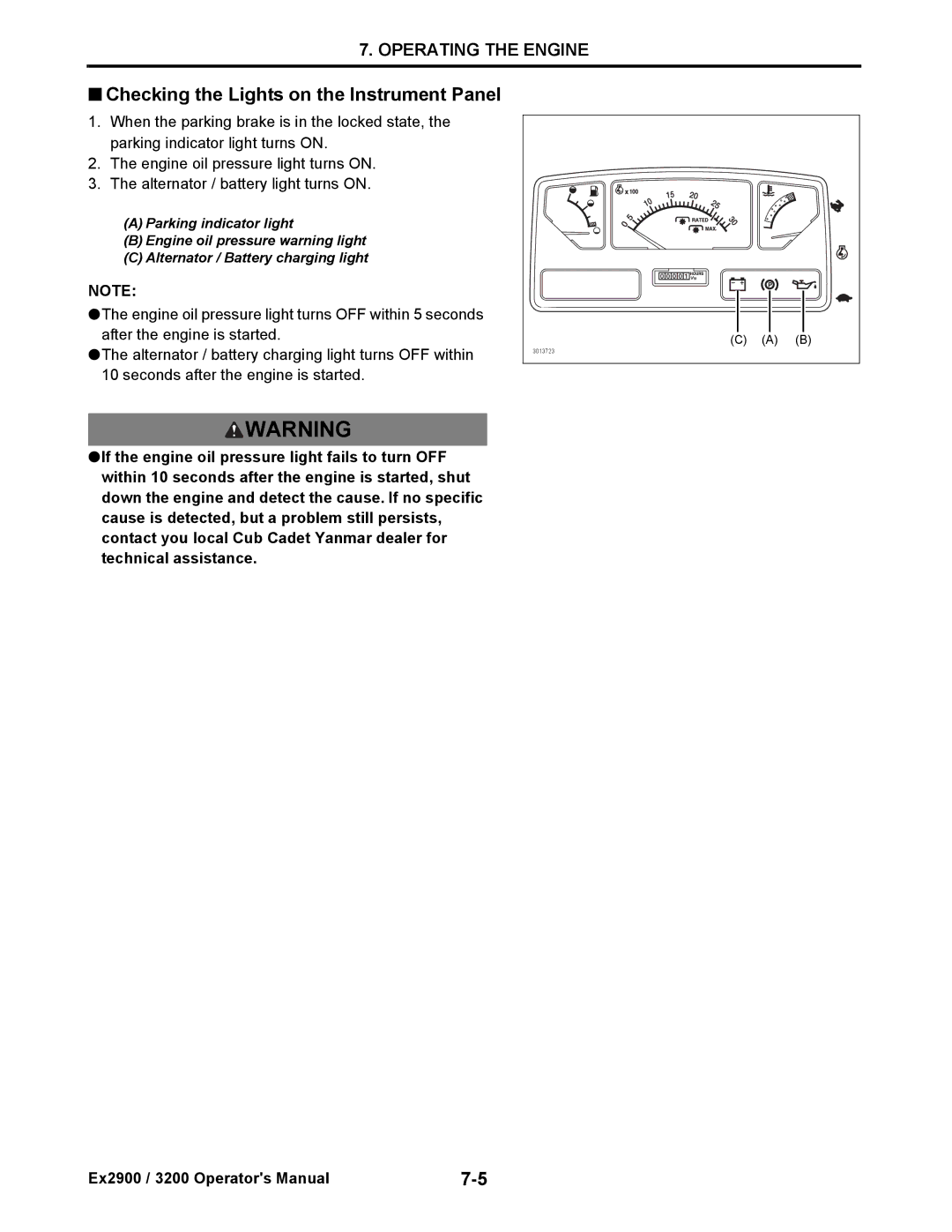 Cub Cadet EX3200, EX2900 manual Checking the Lights on the Instrument Panel 