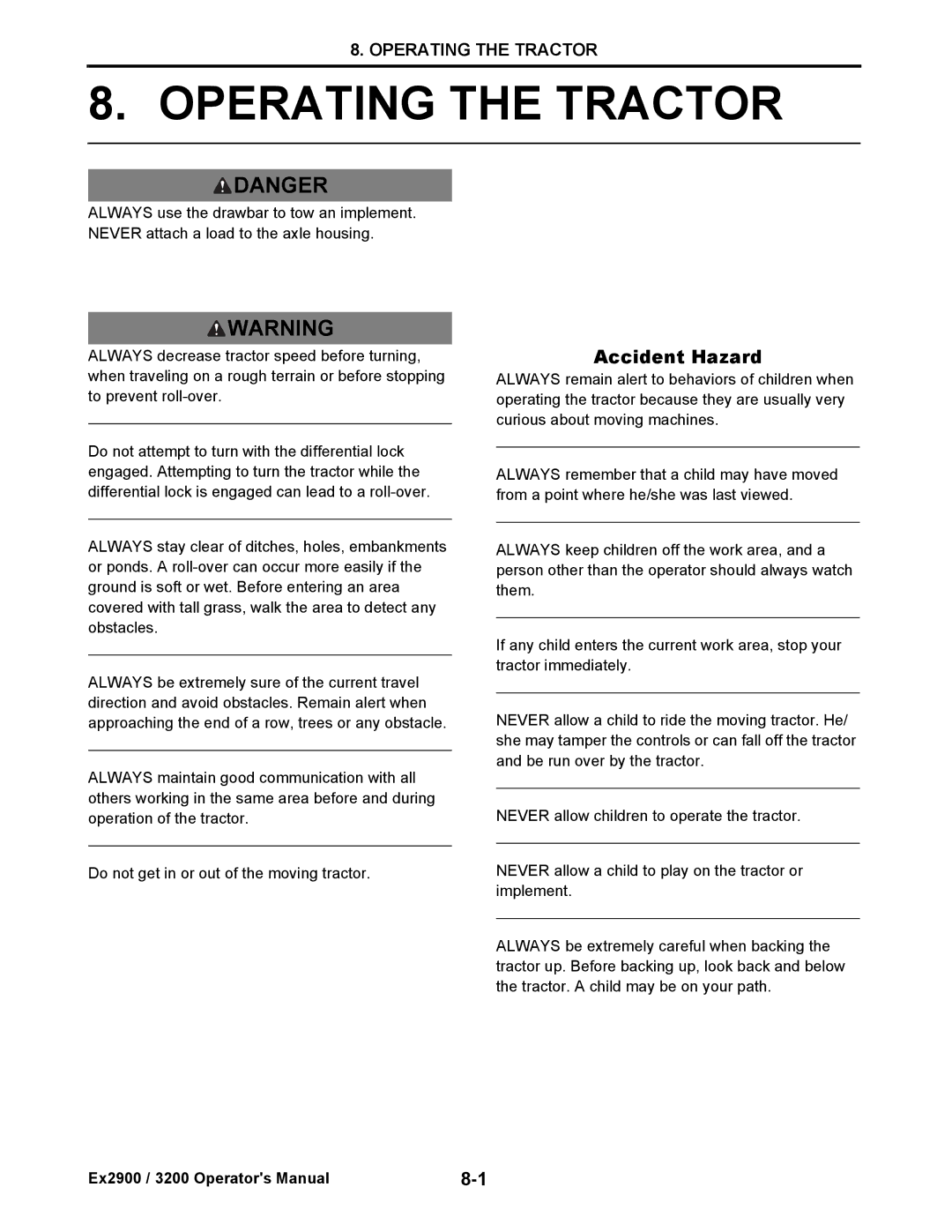 Cub Cadet EX3200, EX2900 manual Operating the Tractor, Accident Hazard 