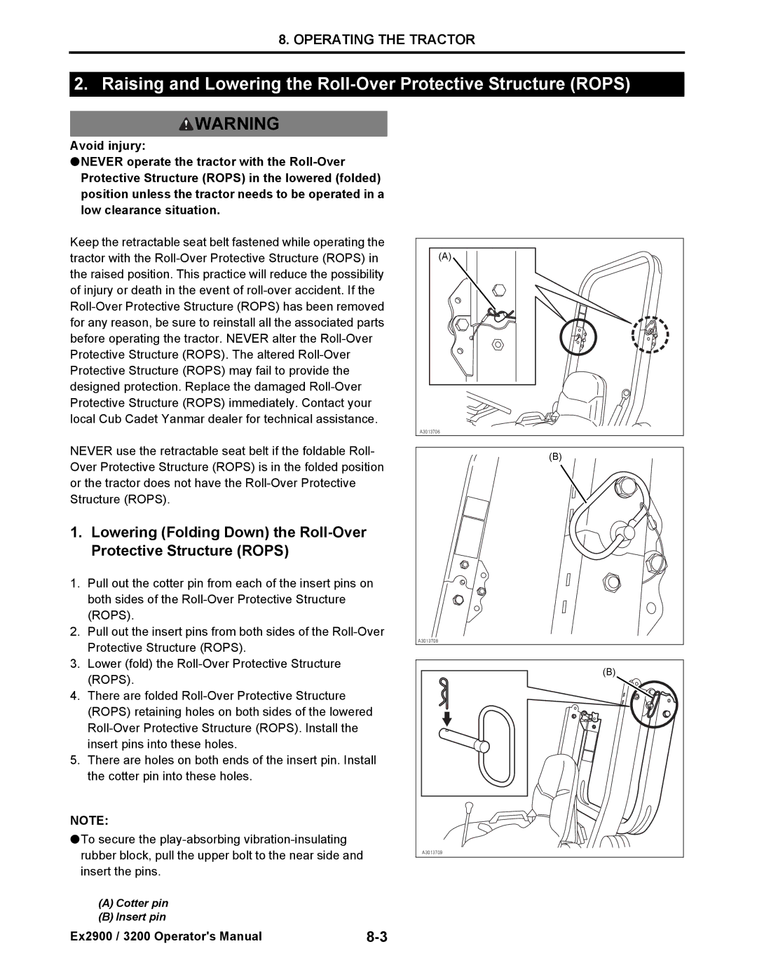 Cub Cadet EX3200, EX2900 manual Raising and Lowering the Roll-Over Protective Structure Rops 