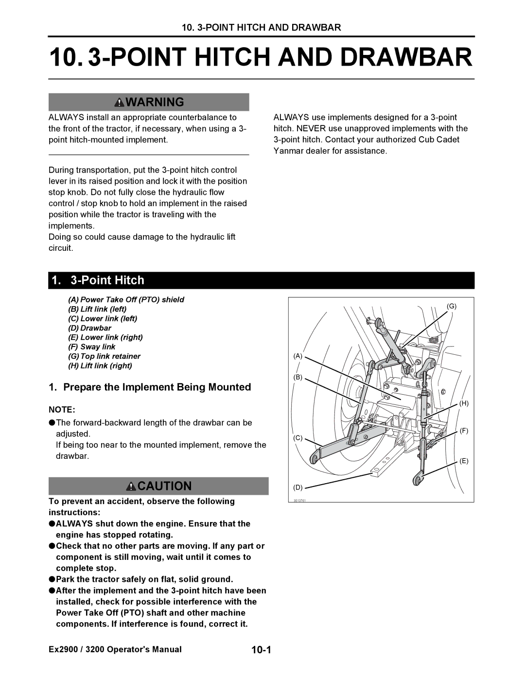 Cub Cadet EX3200, EX2900 manual Point Hitch and Drawbar, Prepare the Implement Being Mounted, 10-1 