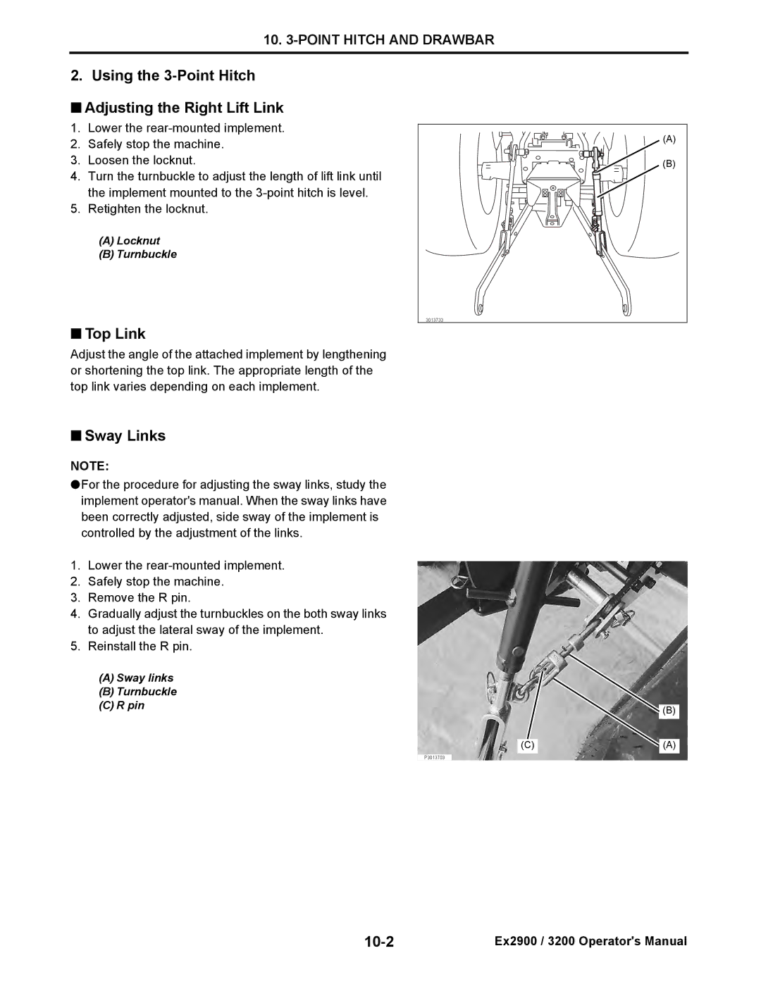 Cub Cadet EX2900, EX3200 manual Using the 3-Point Hitch Adjusting the Right Lift Link, Top Link, Sway Links, 10-2 