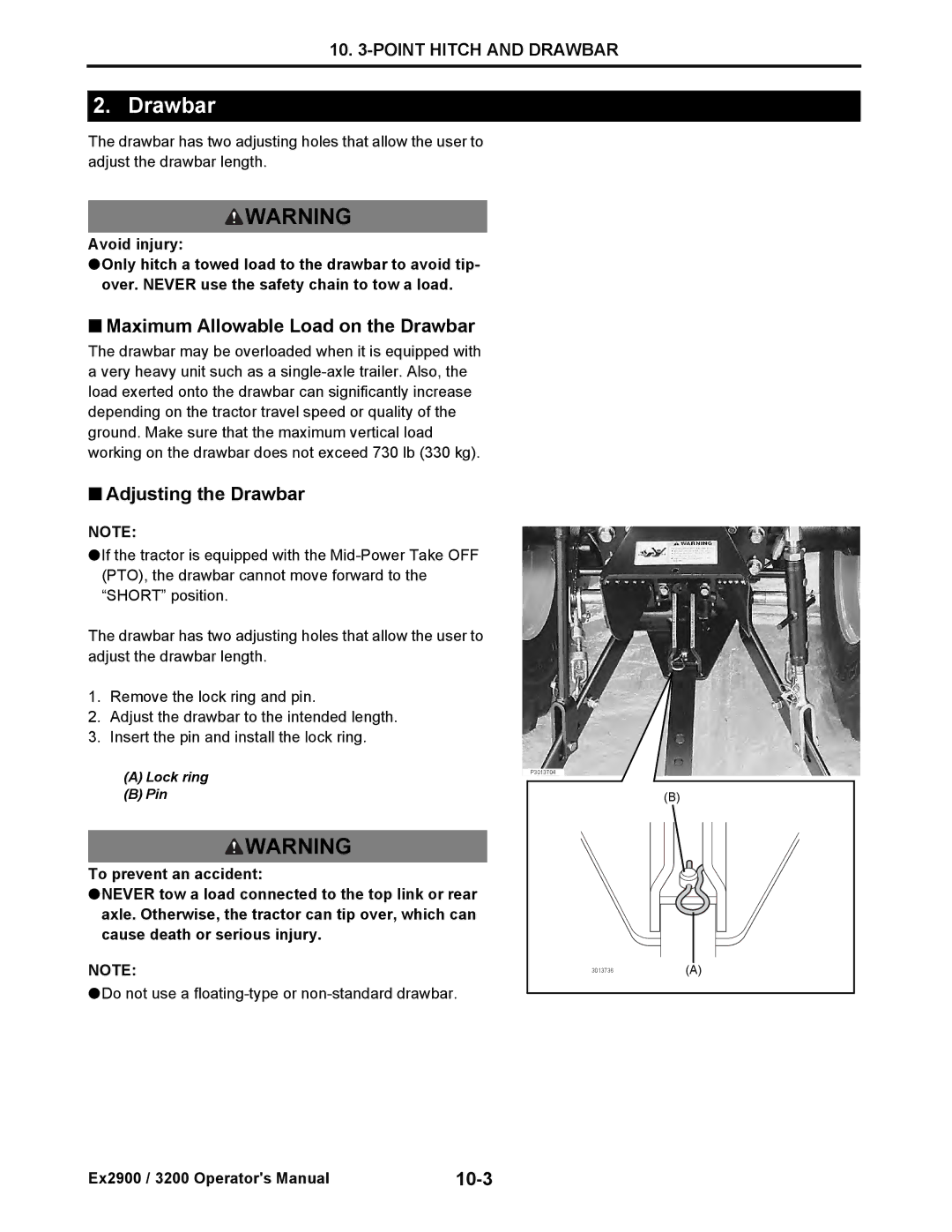 Cub Cadet EX3200, EX2900 manual Maximum Allowable Load on the Drawbar, Adjusting the Drawbar, 10-3 