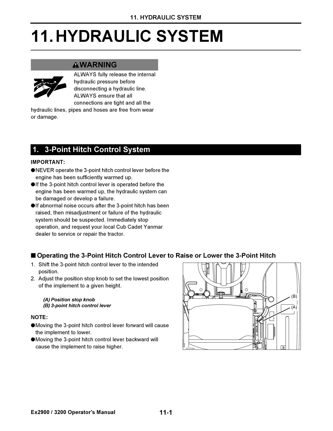 Cub Cadet EX3200, EX2900 manual Hydraulic System, Point Hitch Control System, 11-1 