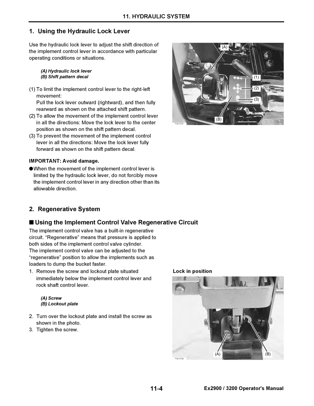 Cub Cadet EX2900, EX3200 manual Using the Hydraulic Lock Lever, 11-4 