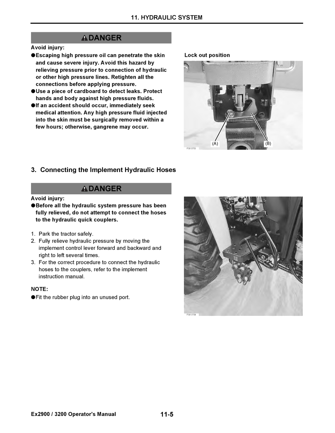 Cub Cadet EX3200, EX2900 manual Connecting the Implement Hydraulic Hoses, 11-5 