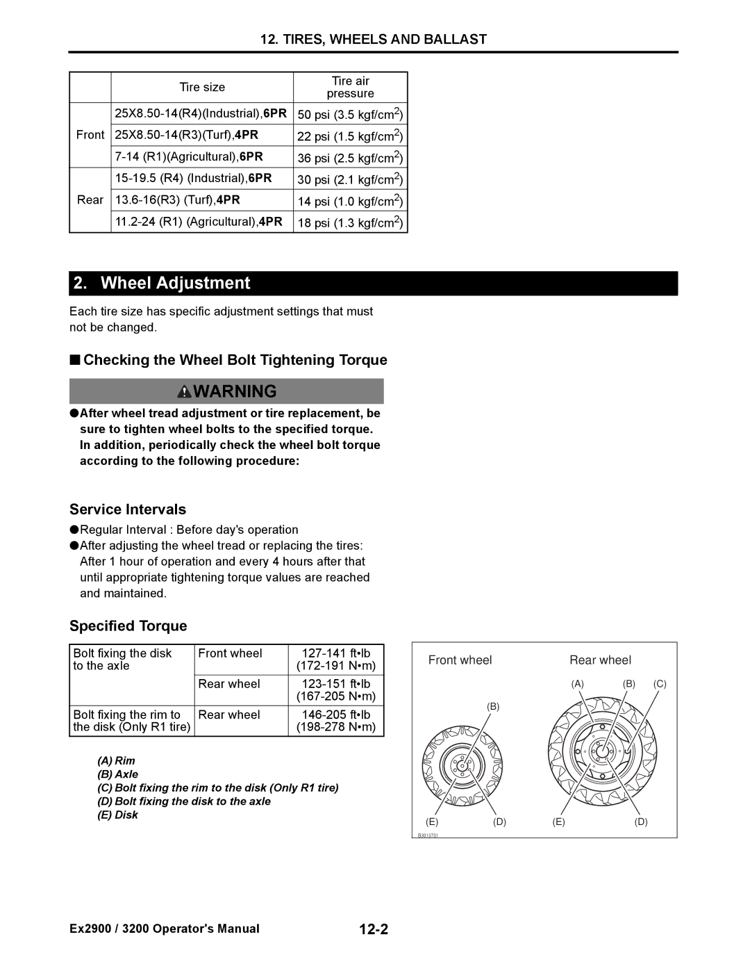 Cub Cadet EX3200 Wheel Adjustment, Checking the Wheel Bolt Tightening Torque, Service Intervals, Specified Torque, 12-2 