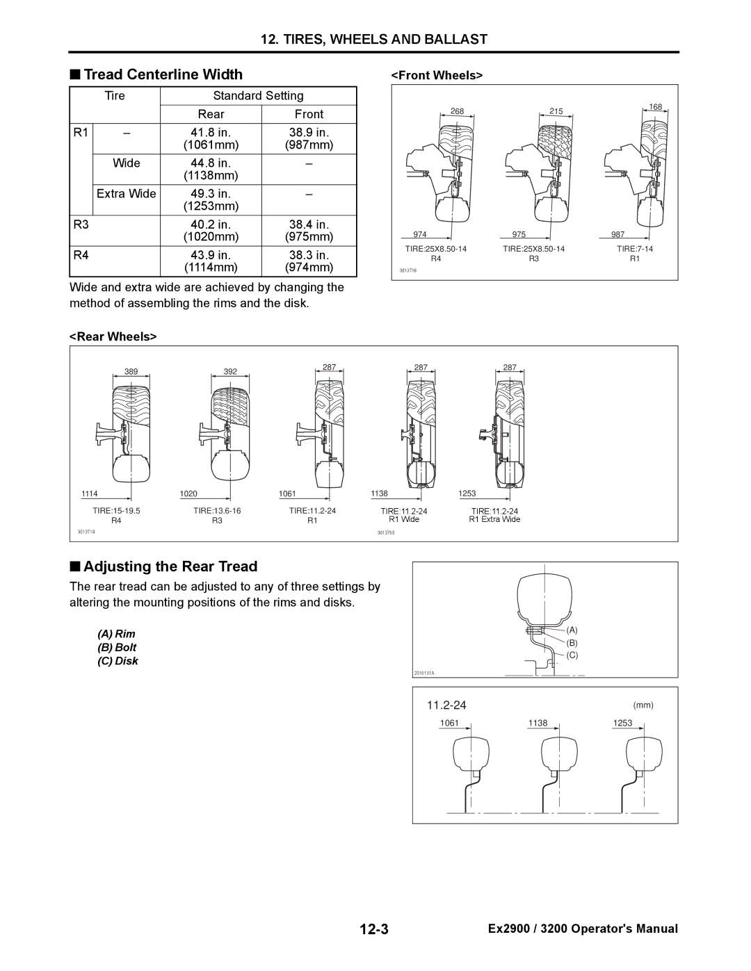 Cub Cadet EX2900, EX3200 manual Tread Centerline Width, Adjusting the Rear Tread, 12-3, Rear Wheels Front Wheels 