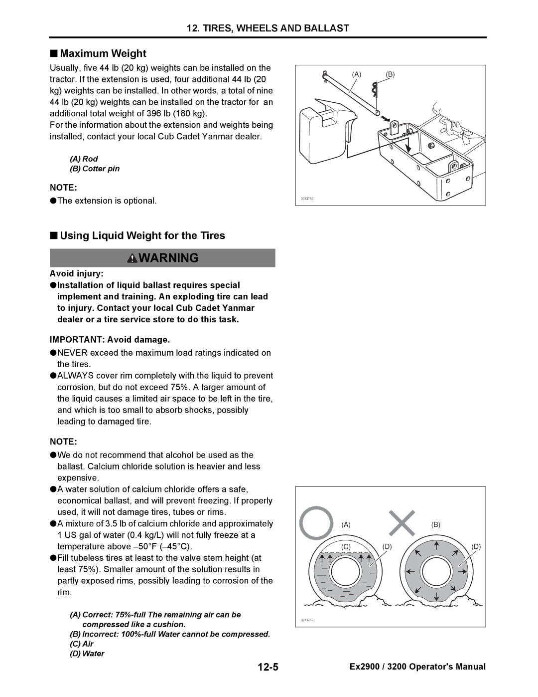 Cub Cadet EX2900, EX3200 manual Maximum Weight, Using Liquid Weight for the Tires, 12-5, Avoid injury 