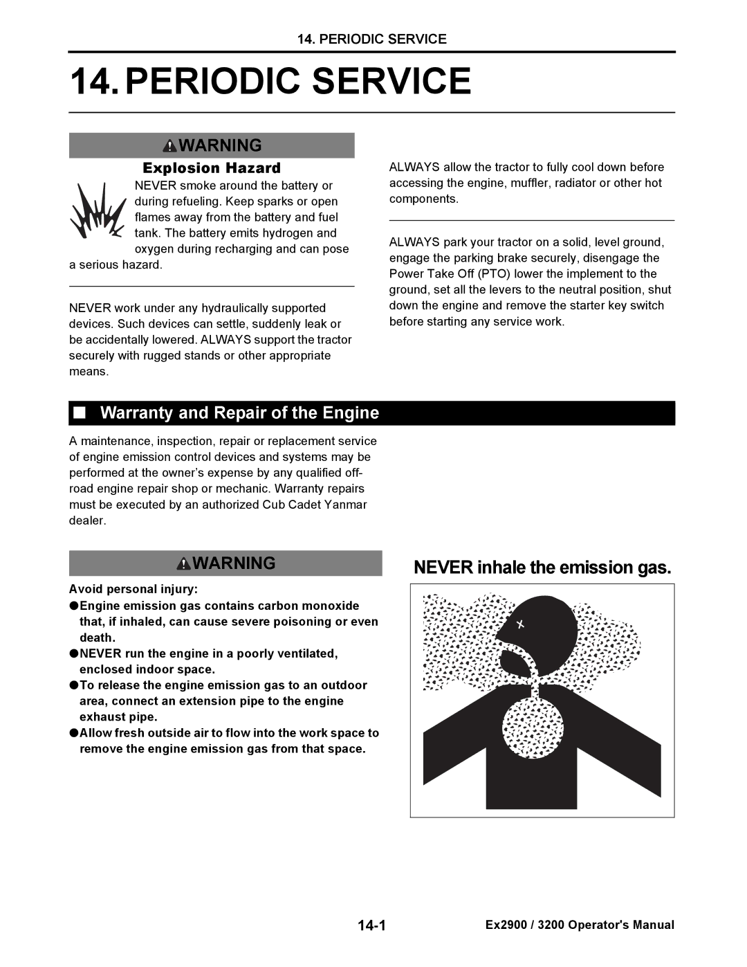 Cub Cadet EX2900, EX3200 manual Periodic Service, Warranty and Repair of the Engine, Explosion Hazard, 14-1 