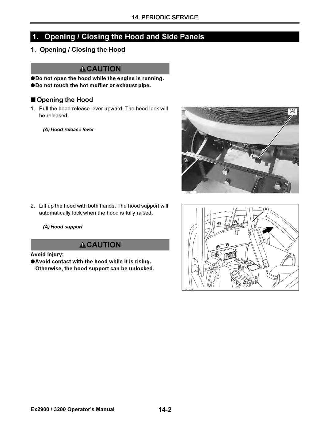 Cub Cadet EX3200, EX2900 manual Opening / Closing the Hood and Side Panels, Opening the Hood, 14-2 