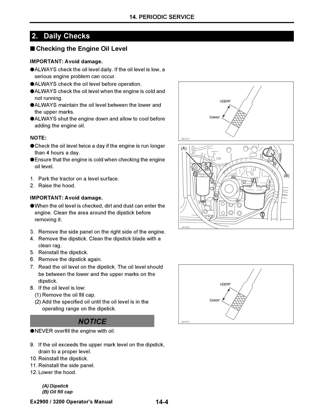 Cub Cadet EX3200, EX2900 manual Daily Checks, Checking the Engine Oil Level, 14-4 