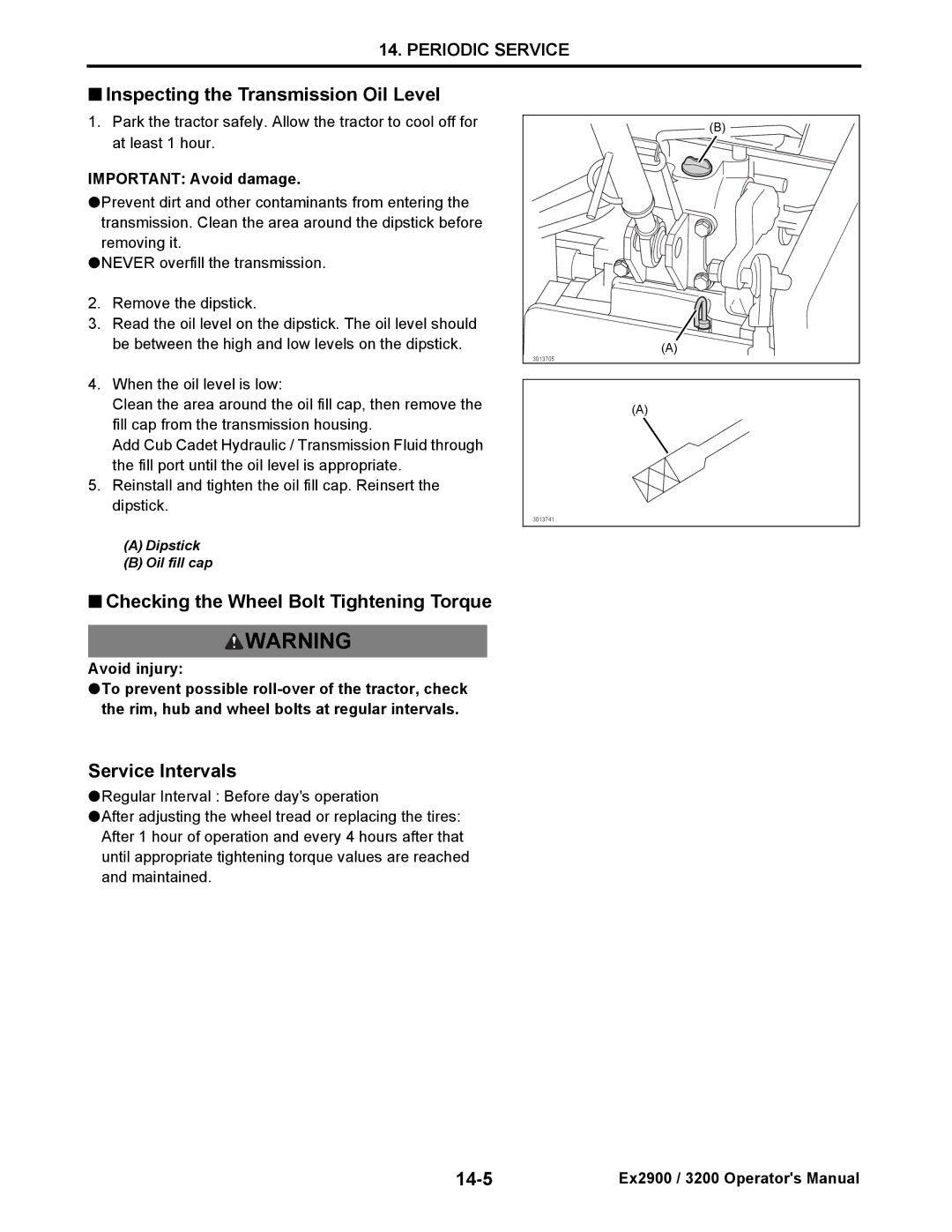 Cub Cadet EX2900, EX3200 manual Inspecting the Transmission Oil Level, 14-5 