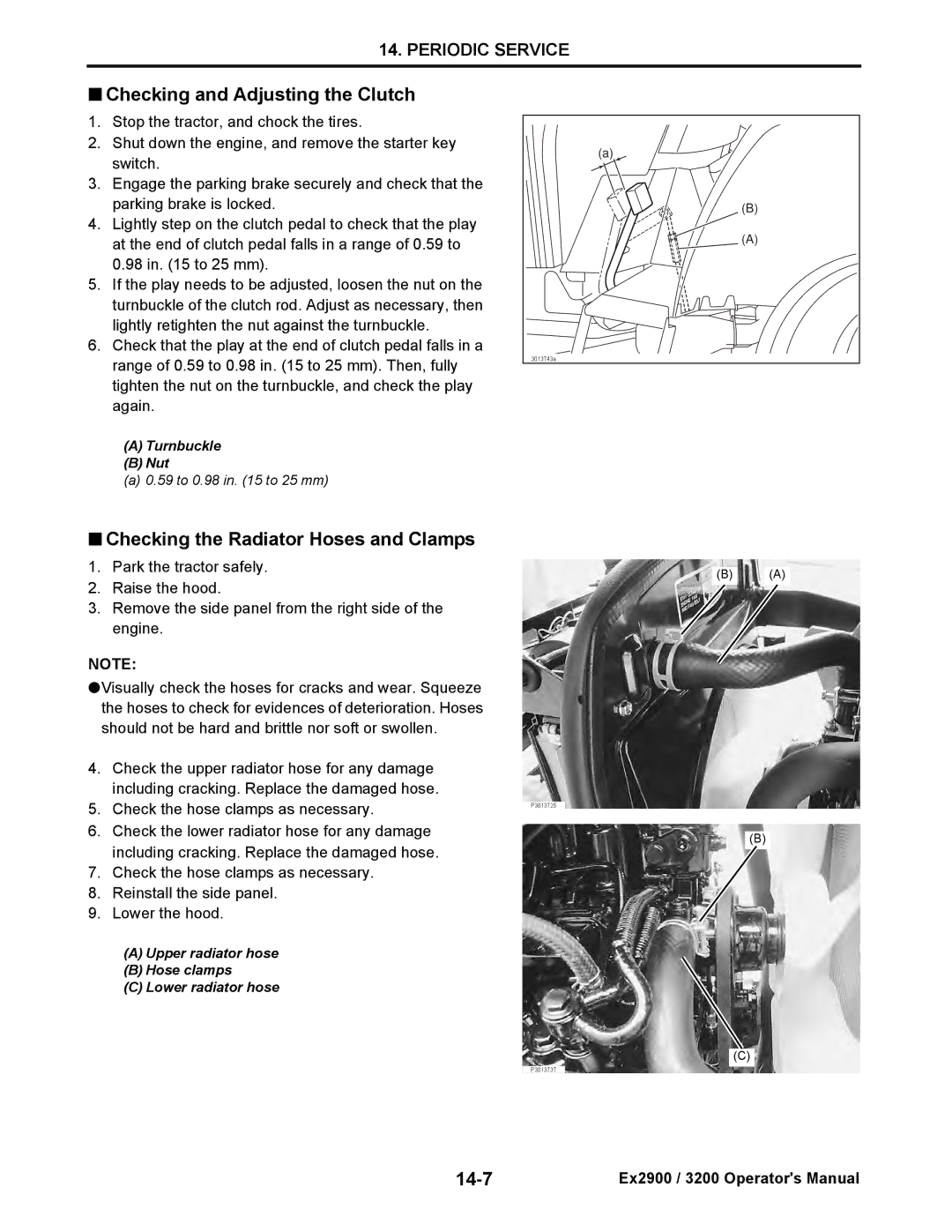 Cub Cadet EX2900, EX3200 manual Checking and Adjusting the Clutch, Checking the Radiator Hoses and Clamps, 14-7 