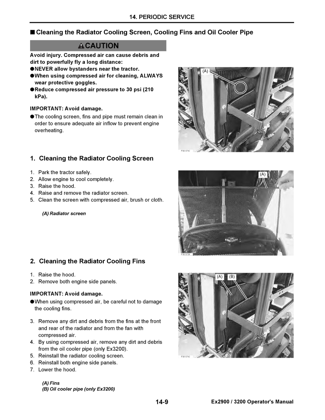 Cub Cadet EX2900, EX3200 manual Cleaning the Radiator Cooling Screen, Cleaning the Radiator Cooling Fins, 14-9 