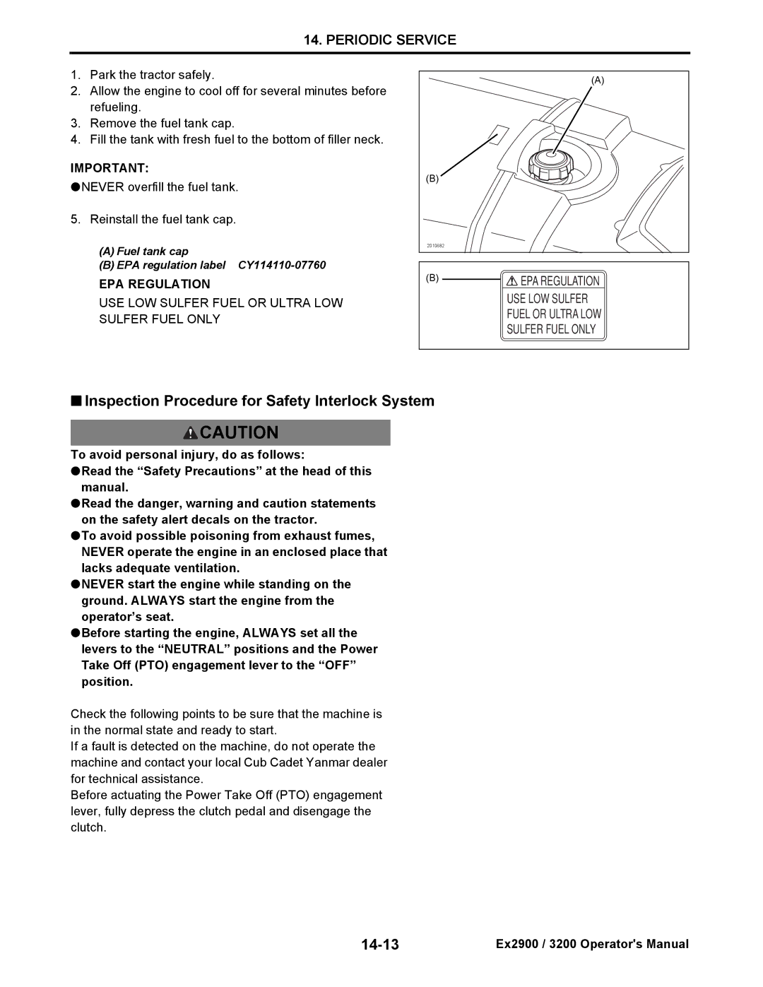 Cub Cadet EX2900, EX3200 manual Inspection Procedure for Safety Interlock System, 14-13 