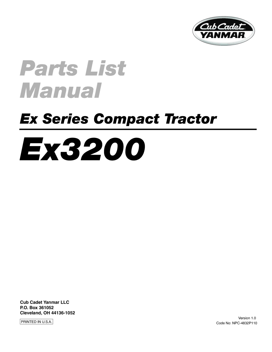 Cub Cadet Ex32002 manual Parts List Manual 