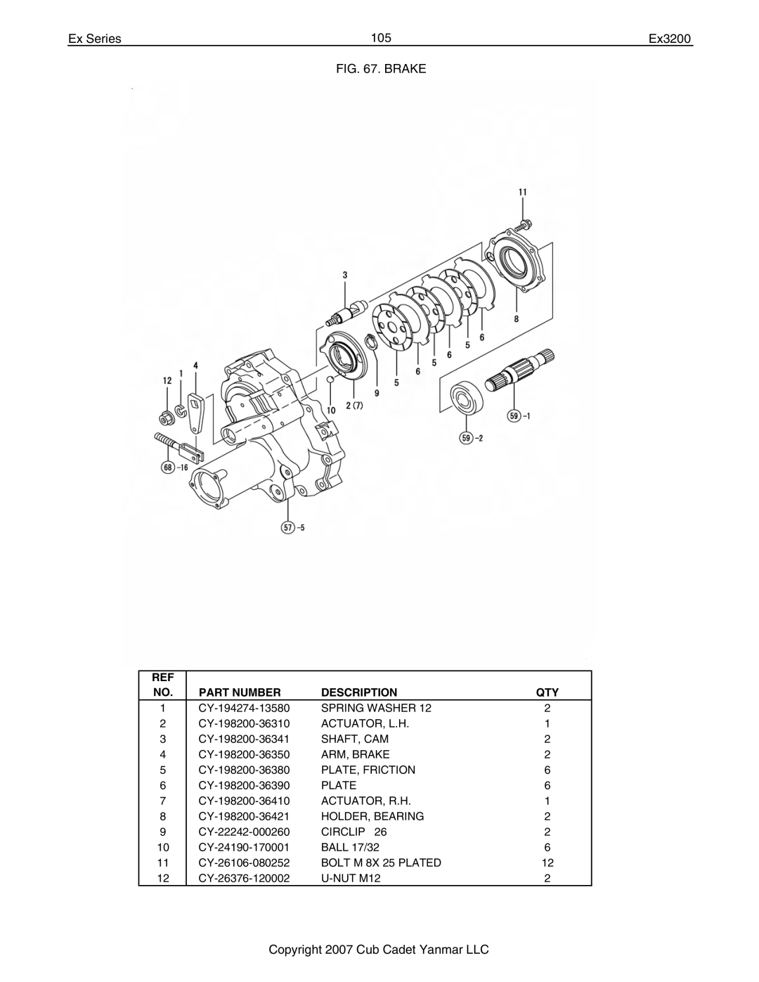 Cub Cadet Ex32002 manual Ex Series 105 Ex3200, Brake 