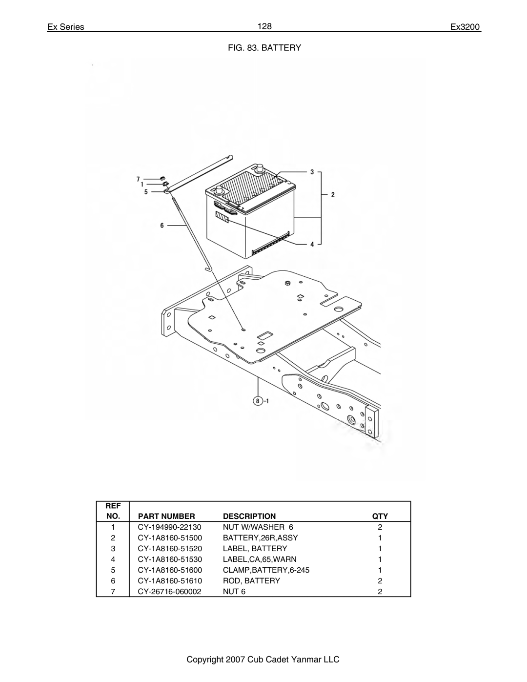 Cub Cadet Ex32002 manual Ex Series 128 Ex3200, Battery 