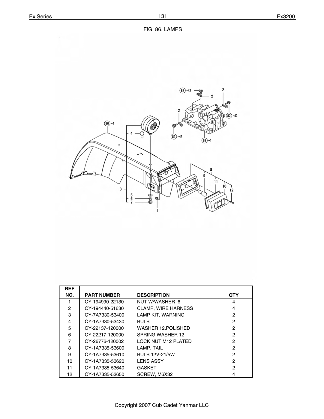 Cub Cadet Ex32002 manual Ex Series 131 Ex3200, Lamps 