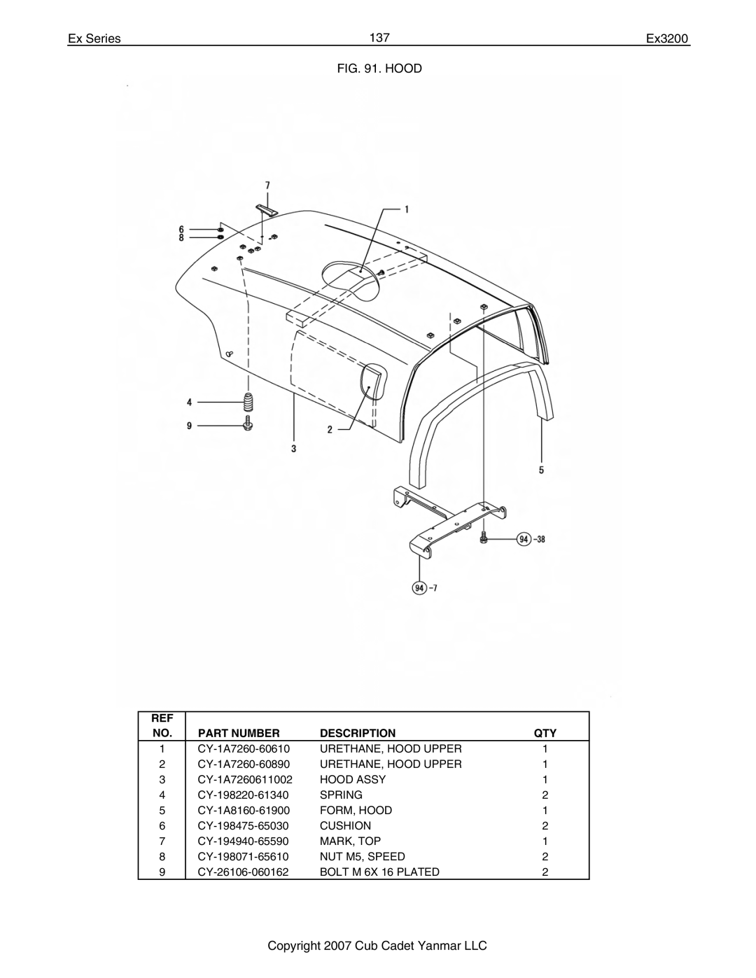 Cub Cadet Ex32002 manual Ex Series 137 Ex3200, Hood 