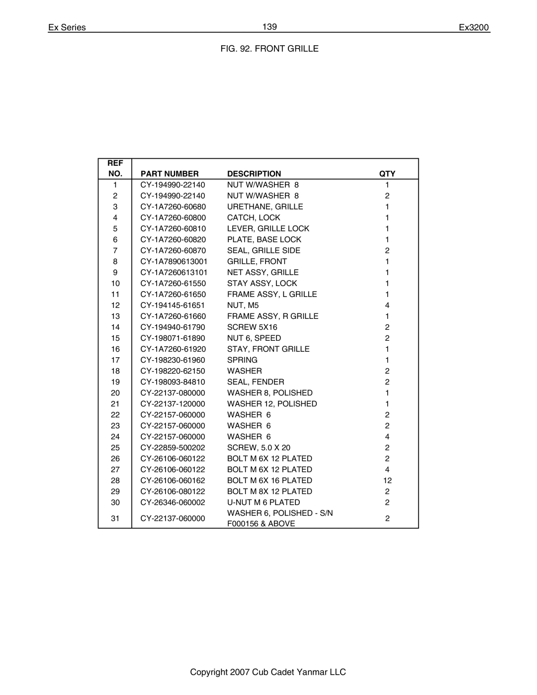 Cub Cadet Ex32002 manual Ex Series 139 Ex3200 