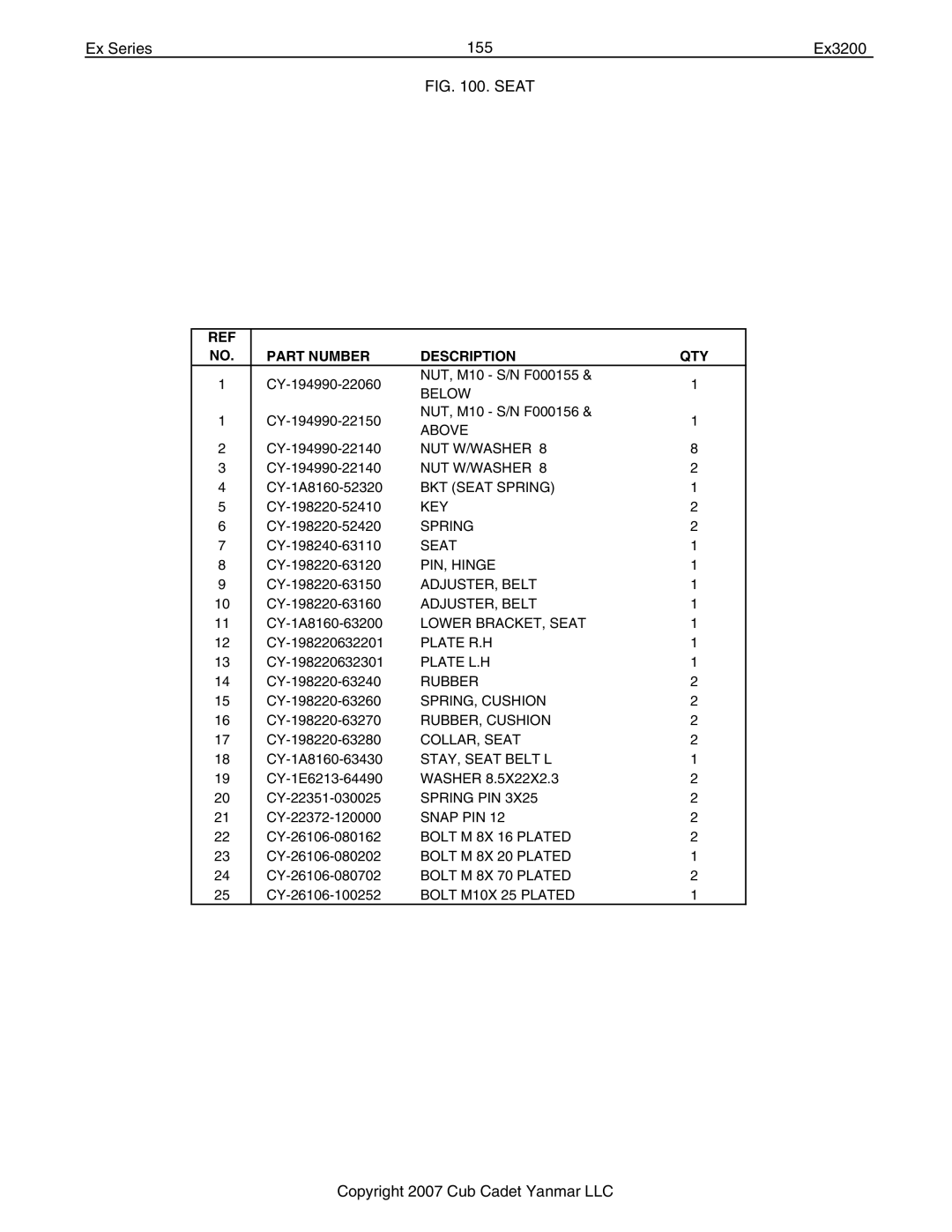 Cub Cadet Ex32002 manual Ex Series 155 Ex3200, Seat 