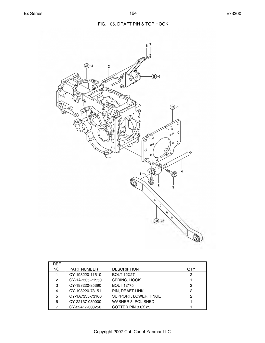 Cub Cadet Ex32002 manual Ex Series 164 Ex3200, Draft PIN & TOP Hook 